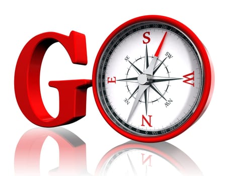 go red word and conceptual compass on white background.clipping path included