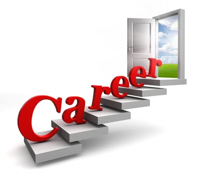 career red word on stair up to open conceptual door with view to sky on white background