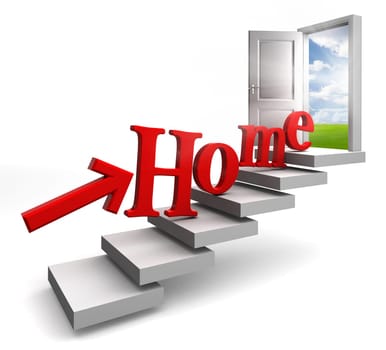 home red word and arrow on stair up to open conceptual door with view to sky and field on white background