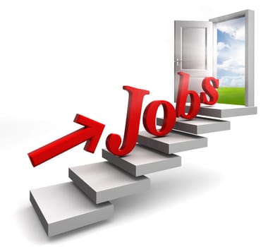 jobs red word and arrow on stair up to open conceptual door with view to sky and field on white background