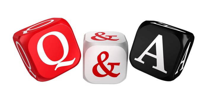 questions and answers red white black dice isolated on white background