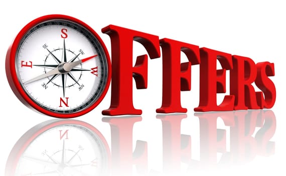 offers red word with compass 3d text on white background.clipping path included