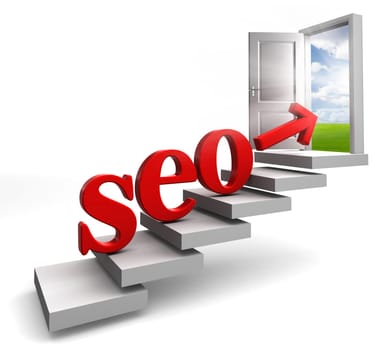 seo red word and arrow on stair up to open conceptual door with view to sky and field on white background