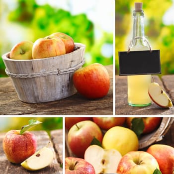 Collage of fresh apples and freshly squeezed juice at a rustic farmers market in a healthy diet or agricultural concept