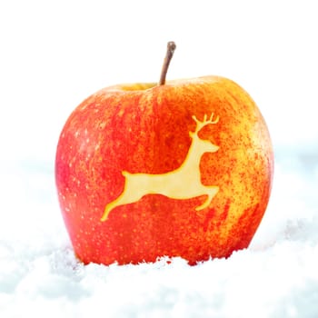Ripe red decorative Christmas apple with the shape of a leaping reindeer incised out of the skin
