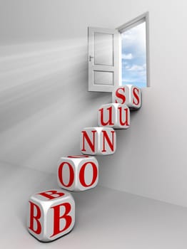 bonus conceptual door with sky and box red word ladder in white room metaphor