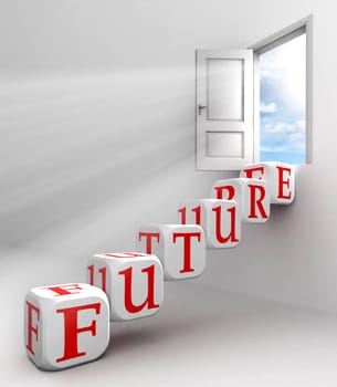 future red word conceptual door with sky and box ladder in white room metaphor