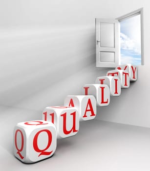 quality red word conceptual door with sky and box ladder in white room metaphor
