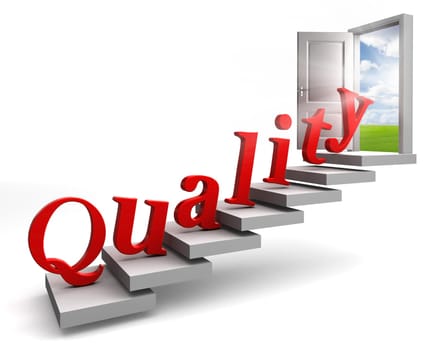 quality red word up stairs to door with view to field and sky on white background