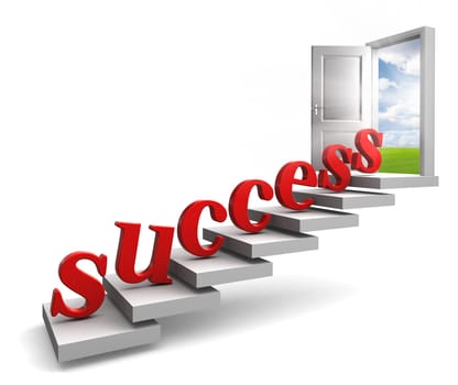 success red 3d letters up stairs to door with view to field and sky on white background