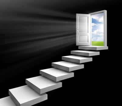 day light in room through open door on stairs towards field on black background