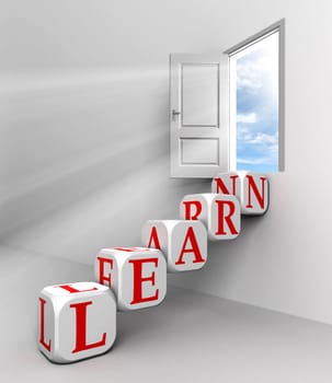 learn conceptual door with sky and box red word  ladder in white room metaphor