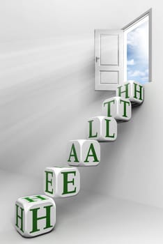 health conceptual door with sky and box green word  ladder in white room metaphor