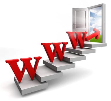 www red word conceptual door on stair up to sky on white background