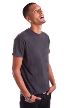 Close up portrait of a young african american man looking up, isolated on white background