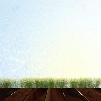 Water style wall and green grass on wood floor background