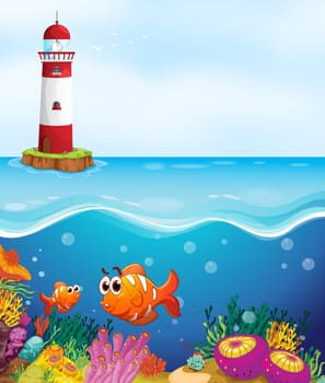 illustratio of a light house, fishes and coral in sea