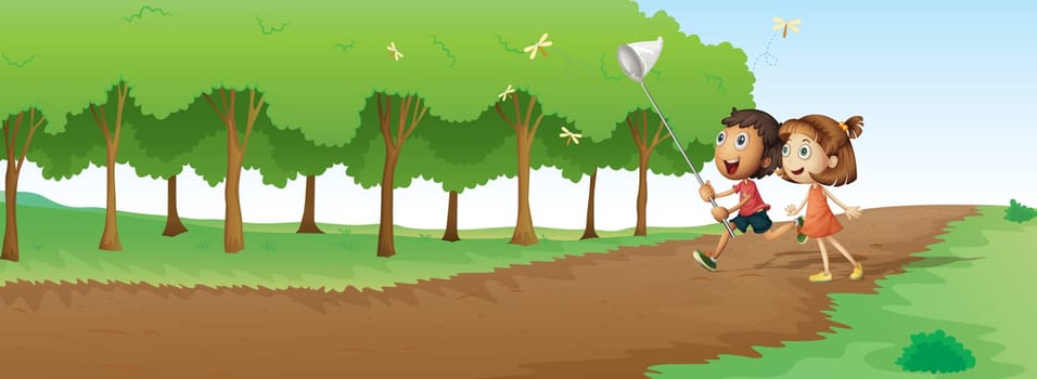 illustration of kids in a beautiful nature