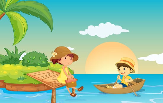 illustration of a river and kids in a beautiful nature