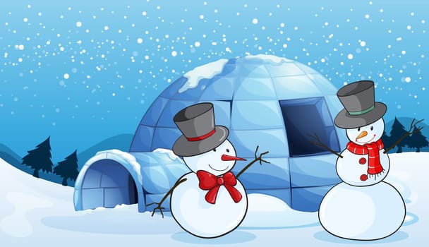 illustration of an igloo and snowmen in nature