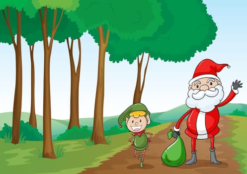 illustration of a  boy and a santa claus in a beautiful nature