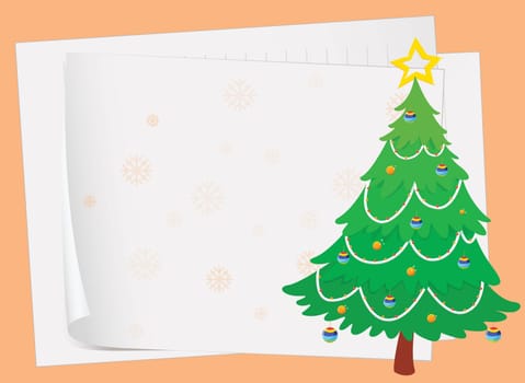 illustration of paper sheets and a christmas tree on a color background