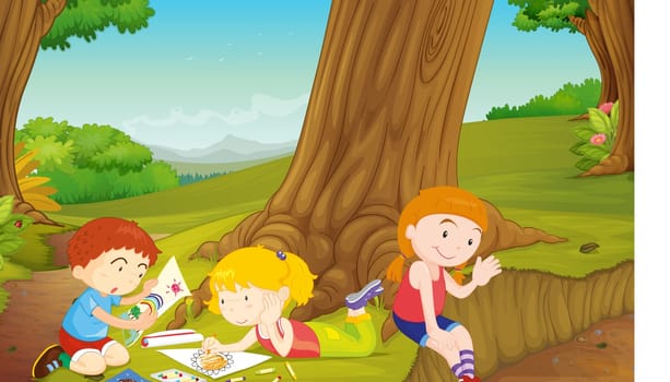 illustration of kids playing in a beautiful nature