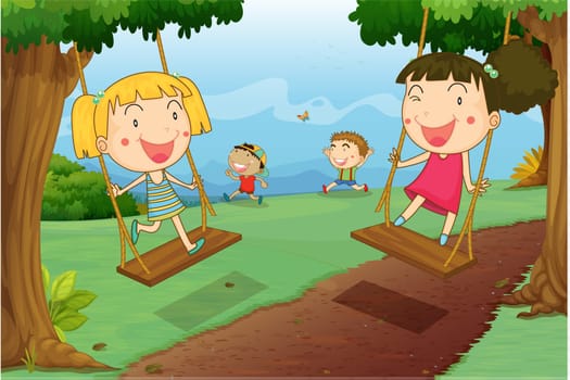 illustration of kids playing in a beautiful nature
