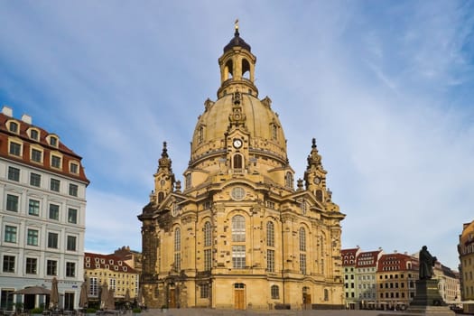 The rebuilt Dresdner Frauenkirche (Church of Our Lady) in the oldtown with a nice background having some light clouds and blue sky