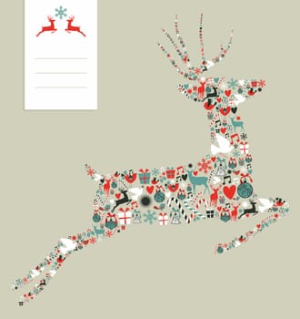 Christmas icons set in jumping deer greeting card background. Vector illustration layered for easy manipulation and custom coloring.
