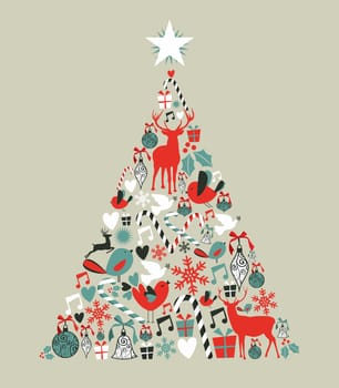 Christmas icons in pine tree shape greeting card background. Vector illustration layered for easy manipulation and custom coloring.