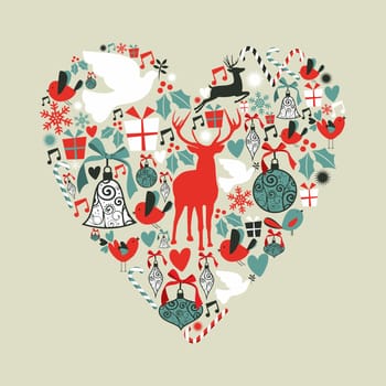 Christmas icons set in love heart shape greeting card background. Vector illustration layered for easy manipulation and custom coloring.