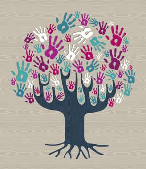 Winter colors diversity tree hands illustration for greeting card over wood pattern. Vector file layered for easy manipulation and custom coloring.