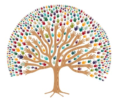 Isolated diversity tree hands illustration for greeting card. Vector file layered for easy manipulation and custom coloring.