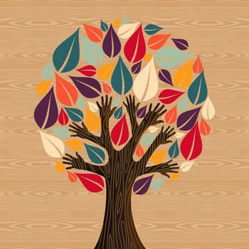 Abstract eco friendly diversity tree hands illustration. Vector file layered for easy manipulation and custom coloring.