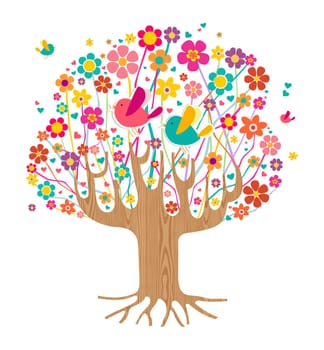 Isolated spring time tree illustration with wooden trunk. Vector file layered for easy manipulation and custom coloring.