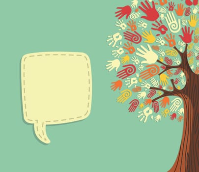 Diversity tree hands illustration with blank for text greeting card template. Vector file layered for easy manipulation and custom coloring.