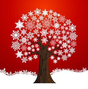 White Christmas snowflakes tree over red background. Vector illustration layered for easy manipulation and custom coloring.