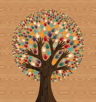 Diversity tree hands illustration over seamless wooden pattern background. Vector file layered for easy manipulation and custom coloring.
