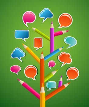 Education Social network tree with pencils as branchs and speech bubbles leaves. Vector illustration layered for easy manipulation and custom coloring.