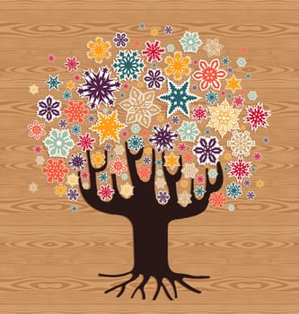 Multicolored stickers Christmas snowflakes tree over wooden seamless pattern background. Vector illustration layered for easy manipulation and custom coloring.
