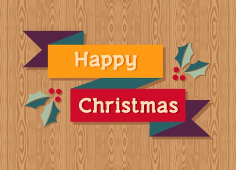 Happy Christmas with mistletoe over wooden background. Vector illustration layered for easy manipulation and custom coloring.