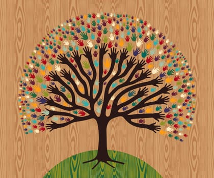 Diversity tree hands illustration for greeting card over wooden pattern. Vector file layered for easy manipulation and custom coloring.