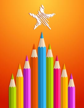 Multi colored art pencils in Christmas pine tree greeting card. Vector illustration layered for easy manipulation and custom coloring.