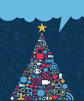 Social media networks icon set in Christmas pine tree greeting card background. Vector illustration layered for easy manipulation and custom coloring.