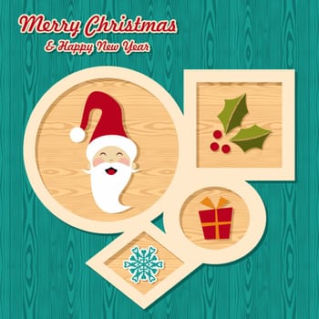 Retro Christmas sale set elements over wooden background. Vector illustration layered for easy manipulation and custom coloring.