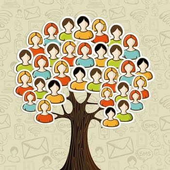 Social media networks tree with people icons leaves over icons pattern background. Vector illustration layered for easy manipulation and custom coloring.
