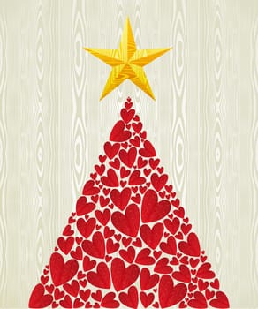 Christmas love heart pine tree over wooden texture pattern background. Vector illustration layered for easy manipulation and custom coloring.