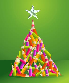Design and art education pencils in vibrant colors Christmas pine tree greeting card. Vector illustration layered for easy manipulation and custom coloring.