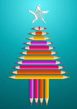 Multi colored art pencils in Christmas pine tree greeting card. Vector illustration layered for easy manipulation and custom coloring.